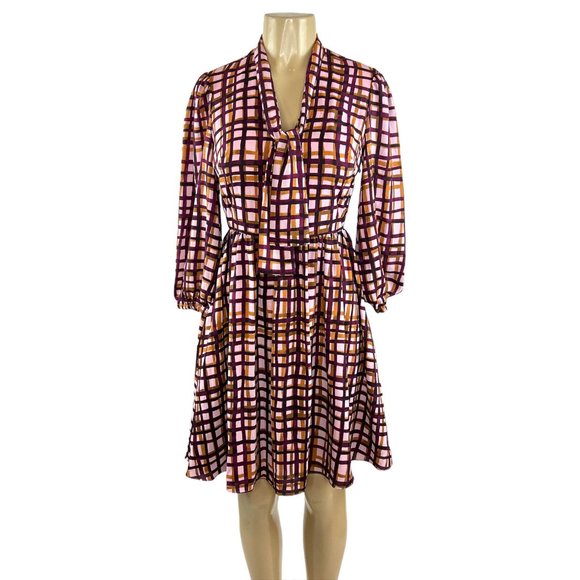 Gal Meets Glam Lindsey Dress Size 2 Purple Pink Plaid Tie Neck Pockets V Neck - Picture 5 of 15